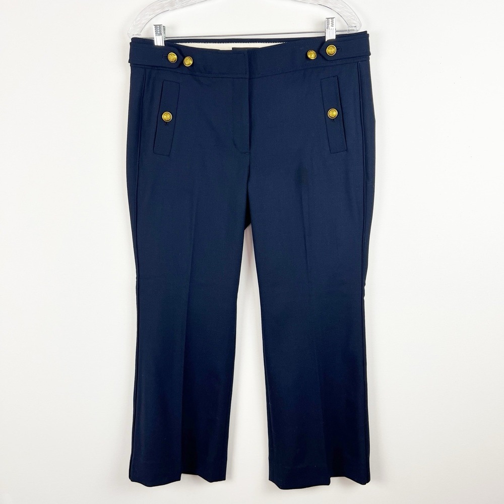J Crew Navy Sailor Nautical Cropped Wool Blend Wide Leg Pant Gold Button Size 10 - Picture 6 of 11